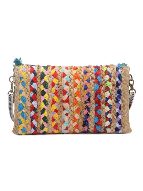 Sisal Baked Beige, Turquoise Blue And Multi Striped And Embellished Jute Sling Bag