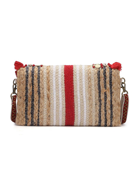 Sisal Baked Beige And Red Embellished Jute Sling Bag