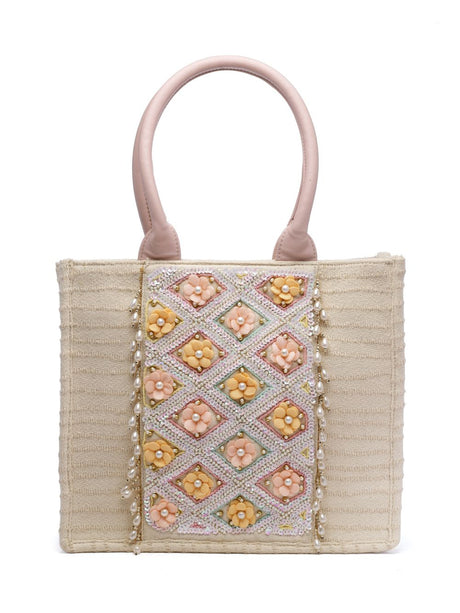 Kooky Natural And Multi Floral Embellished Handloom Cotton Canvas Handheld Bag