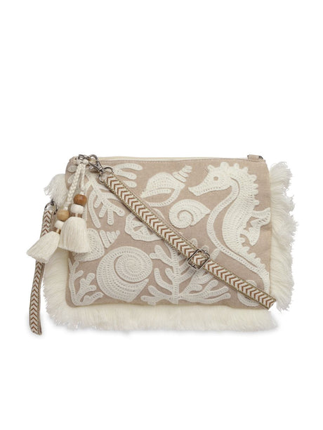 Kooky Beige And White Boohoo Quirky Embroidered Cotton Sling Bag