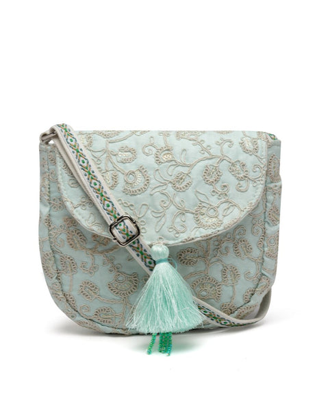 Lush Mint Green Floral Embroidered Faux Silk Sling Bag