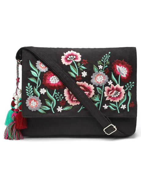Lush Black And Multi Floral Embroidered Suede Sling Bag