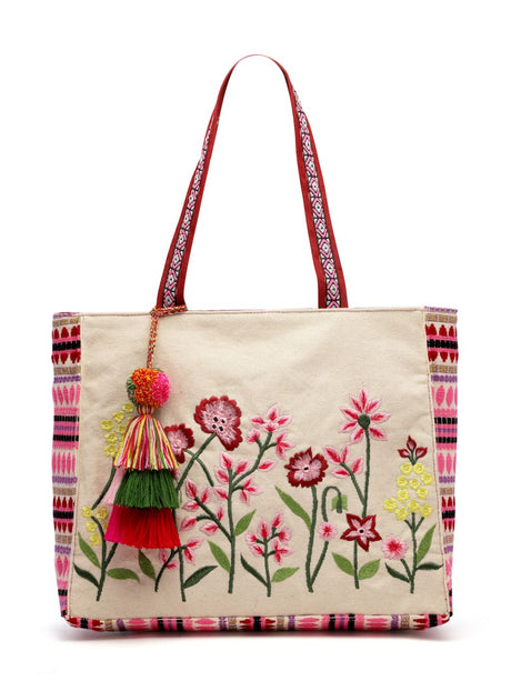 Kooky Natural, Pink And Multi Boho Floral Embroidered Handloom Cotton Jacquard Tote Bag