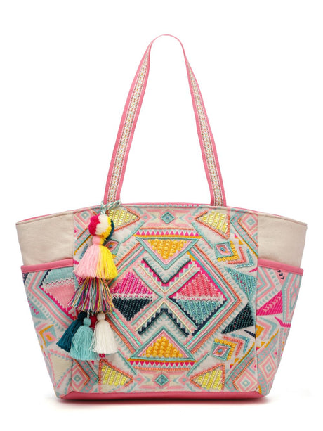 Kooky Natural And Multi Boho Geometric Embellished Handloom Cotton Jacquard Tote Bag