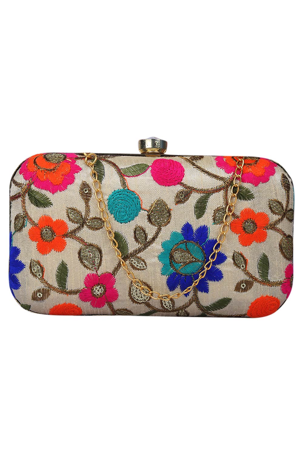 Ethnic White And Multicolored Evening Clutch Bag