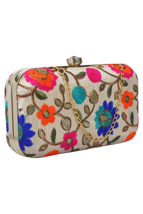 Ethnic White and Multicoloured Evening Clutch Bag