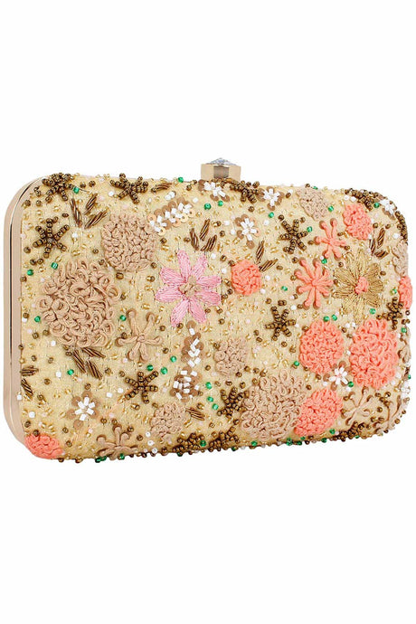 Ethnique Embroidered Party Clutch Bag Beige & Multi