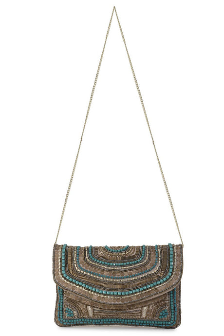 Copper & Turquoise Cotton Canvas Abstract Embellished Sling Bag