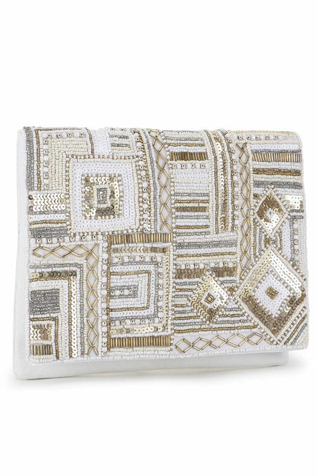 White And Gold Cotton Canvas Embellished Sling Bag