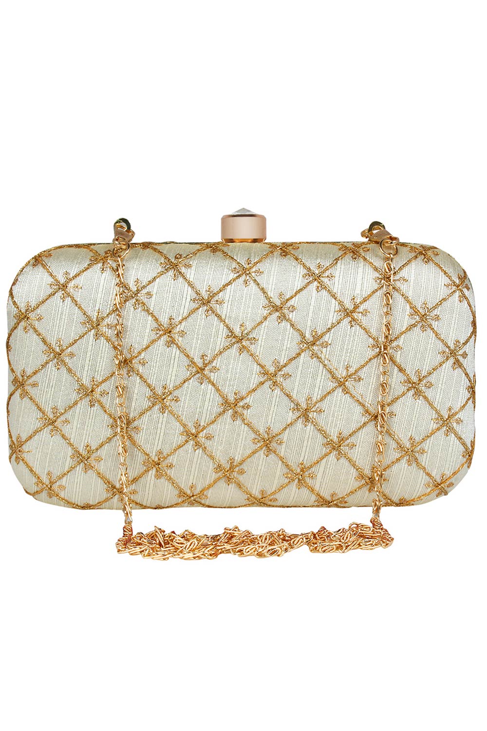 Tulle Embroidered & Embellished Faux Silk Clutch Off-White & Gold