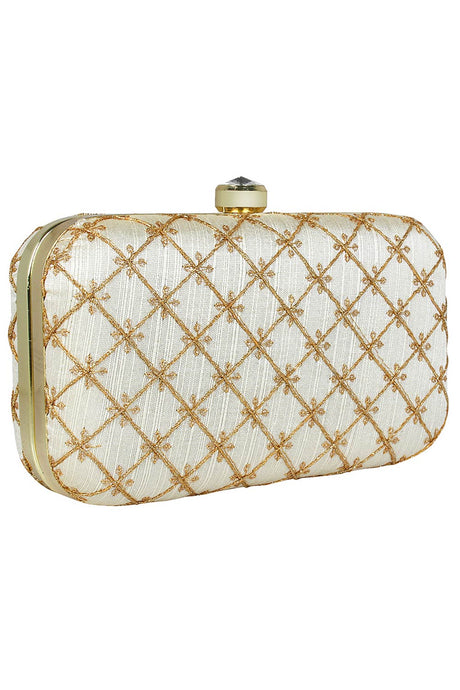 Tulle Embroidered & Embellished Faux Silk Clutch Off-White & Gold