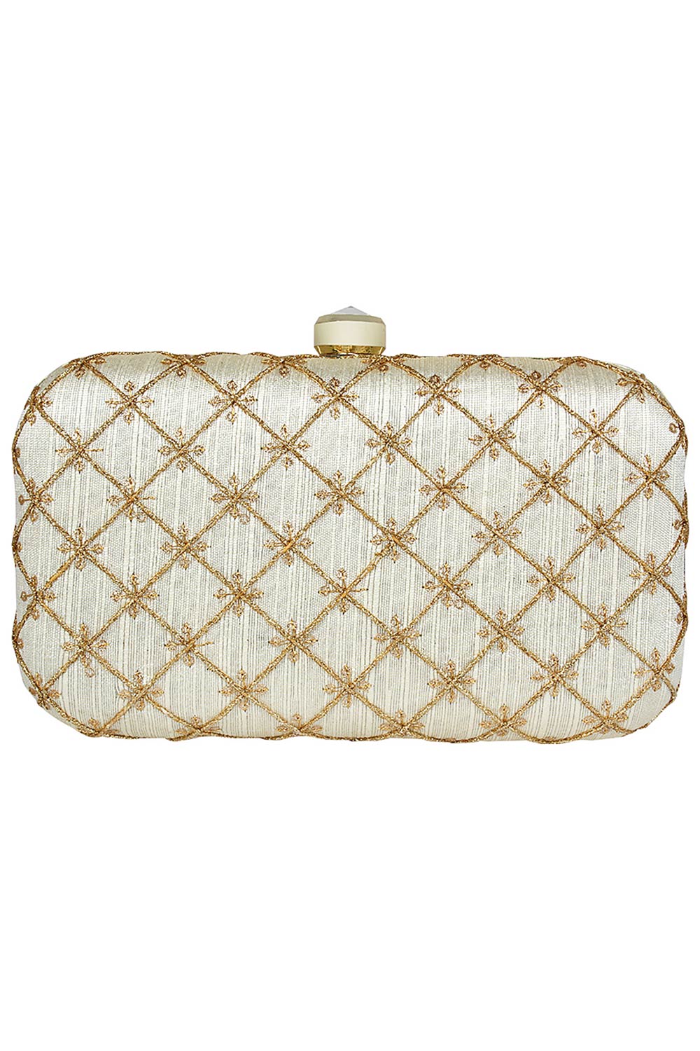 Tulle Embroidered & Embellished Faux Silk Clutch Off-White & Gold