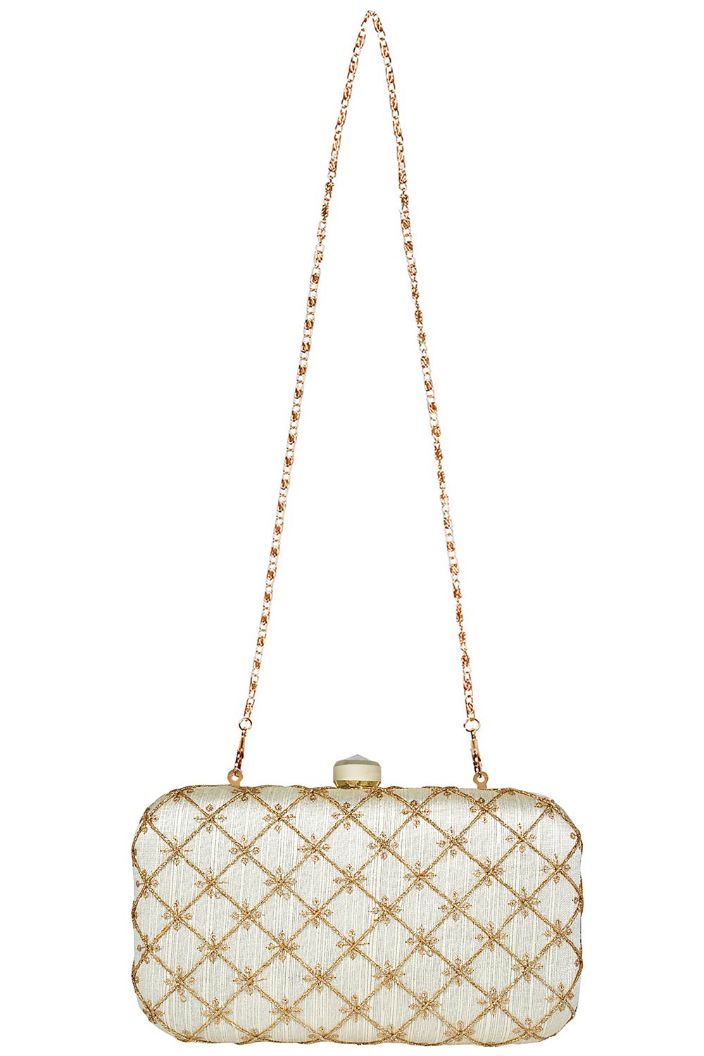 Tulle Embroidered & Embellished Faux Silk Clutch Off-White & Gold