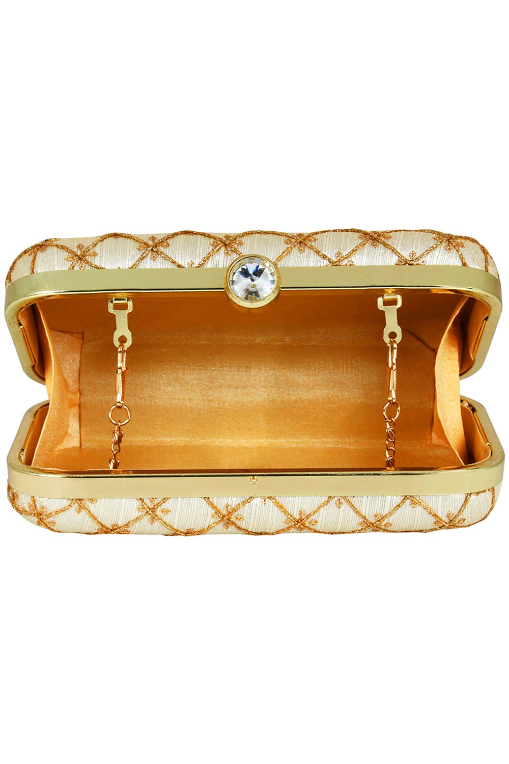 Tulle Embroidered & Embellished Faux Silk Clutch Off-White & Gold