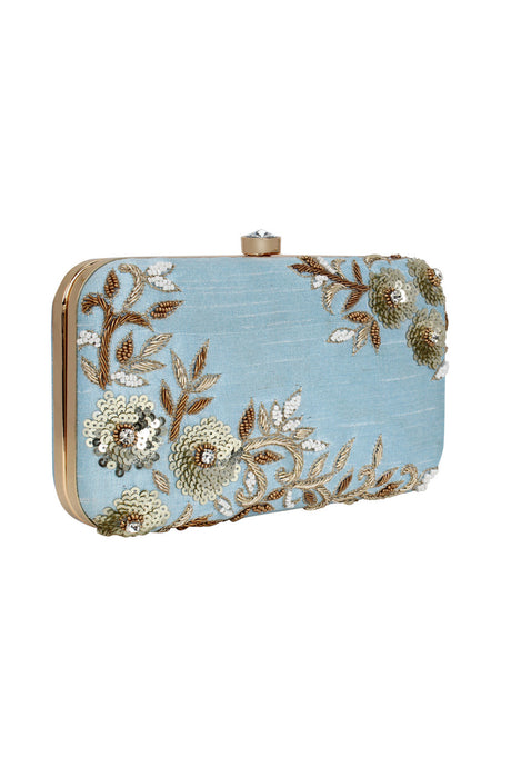 Faux Silk Clutch In Blue And Gold