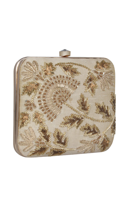 Faux Silk Clutch In Beige And Gold