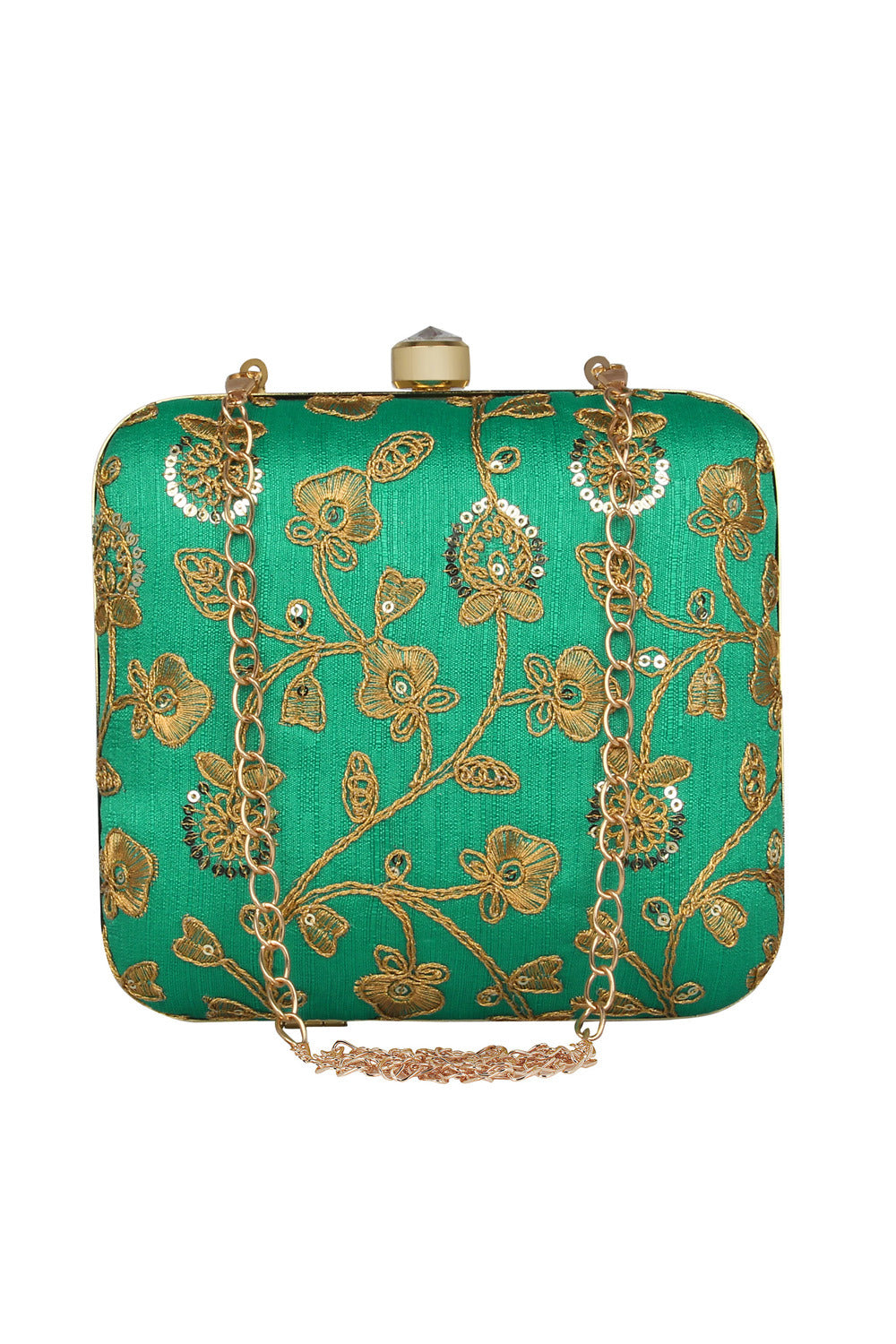 Faux Silk Clutch In Green And Gold