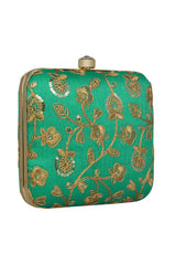 Faux Silk Clutch In Green And Gold