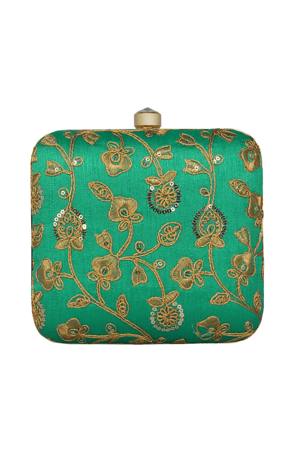 Faux Silk Clutch In Green And Gold