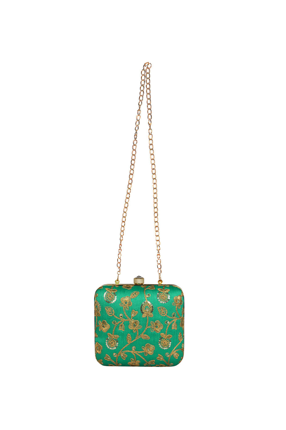 Faux Silk Clutch In Green And Gold