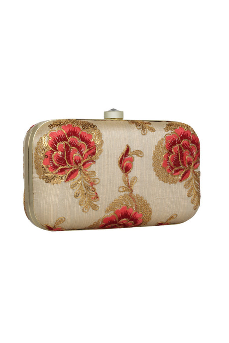 Faux Silk Clutch In Beige, Gold And Pink