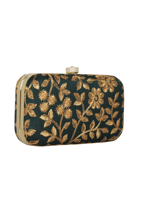 Faux Silk Clutch In Green And Gold