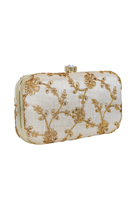 Faux Silk Clutch In White And Gold