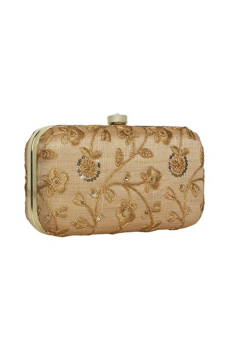 Faux Silk Clutch In Beige And Gold