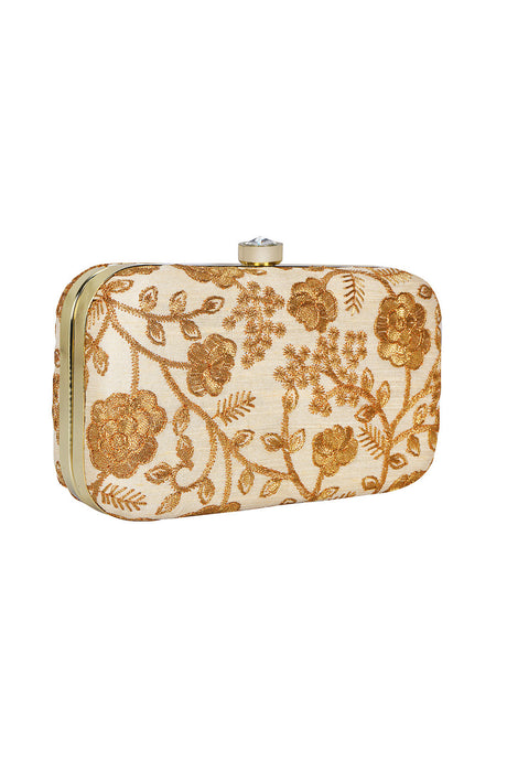 Faux Silk Clutch In White And Gold