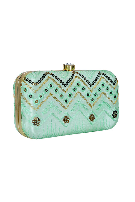 Faux Silk Clutch In Green And Gold