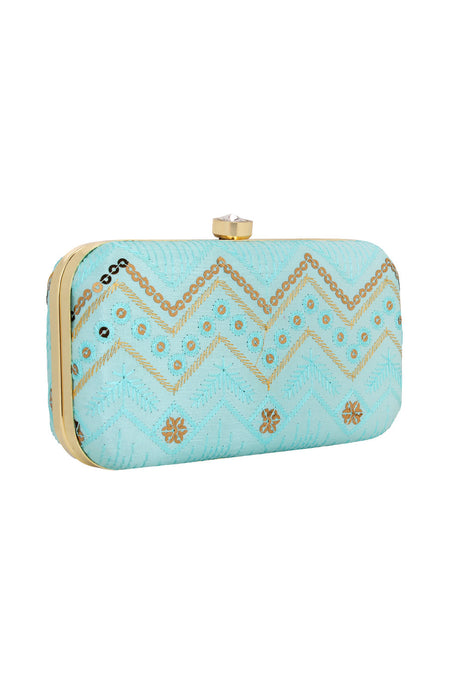 Faux Silk Clutch In Blue And Gold