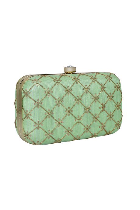 Faux Silk Clutch In Green And Gold