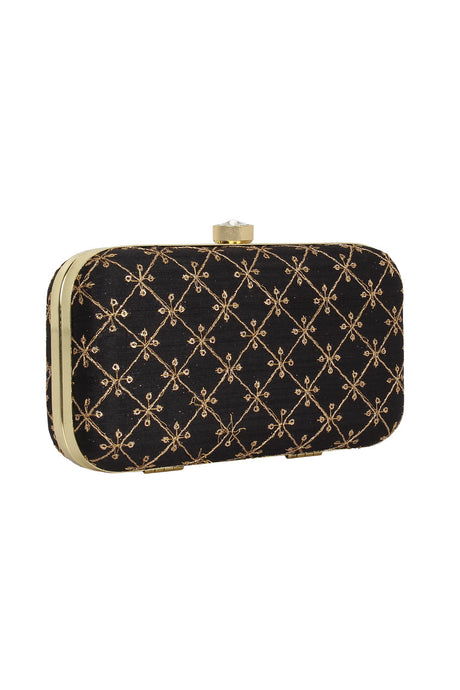 Faux Silk Clutch In Black And Gold