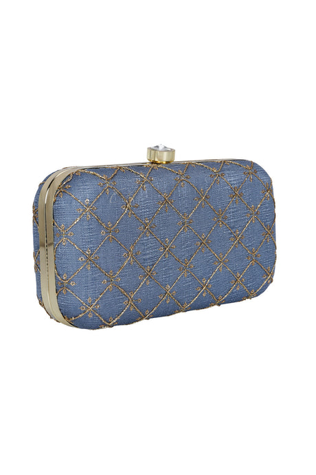 Faux Silk Clutch In Grey And Gold