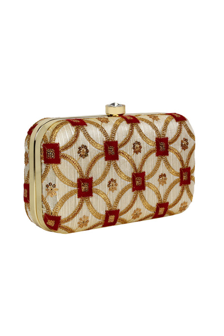 Faux Silk Clutch In Beige And Red