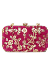 Tulle Sequin Embroidered Velvet Clutch Fuchsia & Gold