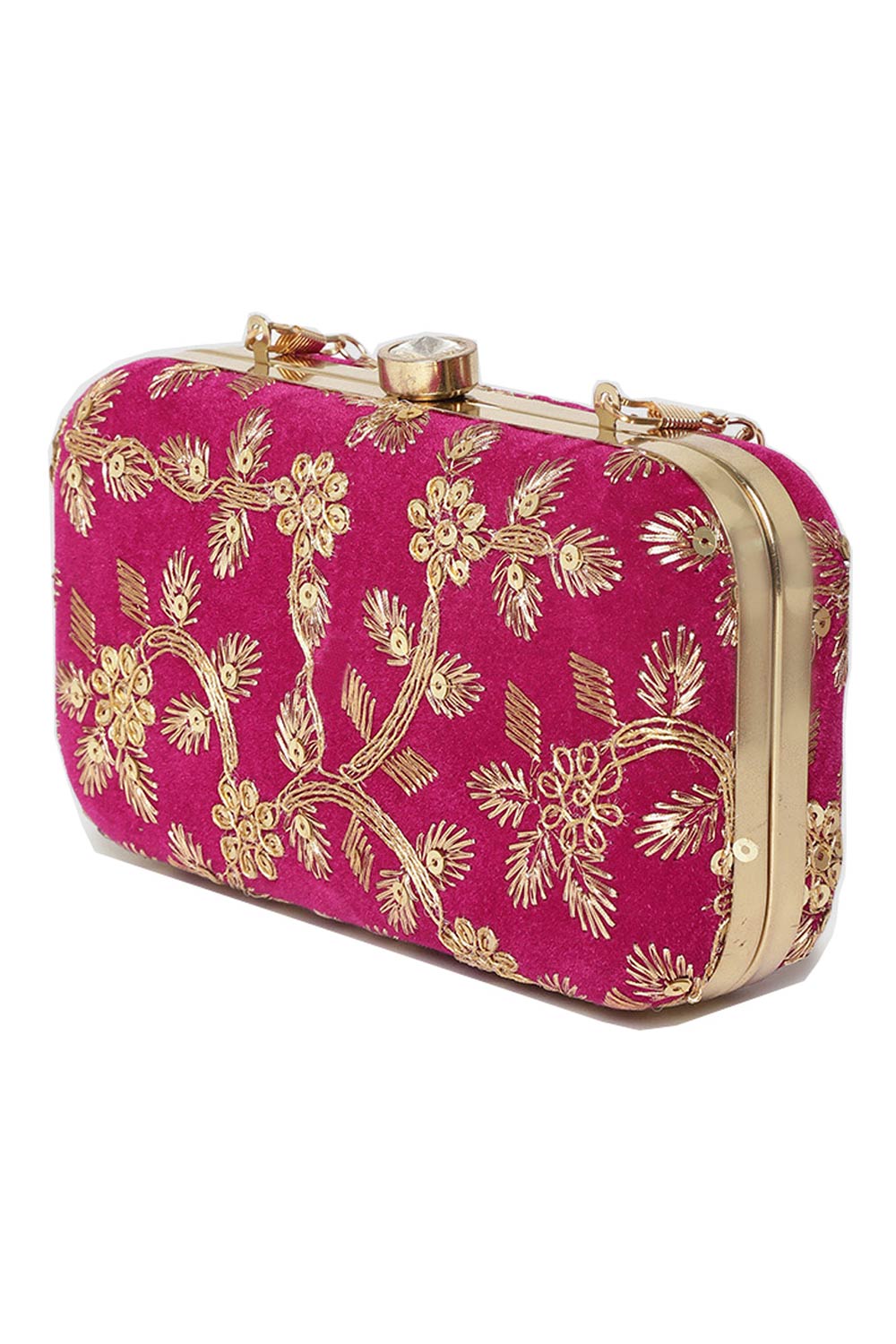 Tulle Sequin Embroidered Velvet Clutch Fuchsia & Gold