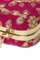 Tulle Sequin Embroidered Velvet Clutch Fuchsia & Gold