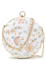 Gala Cream & Multi Faux Silk Floral Embroidered Round Clutch