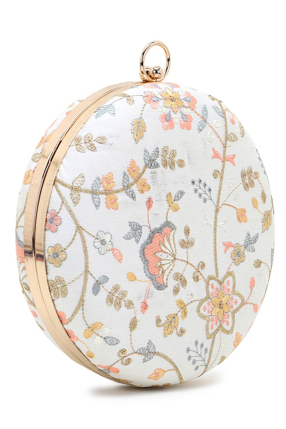 Gala Cream & Multi Faux Silk Floral Embroidered Round Clutch