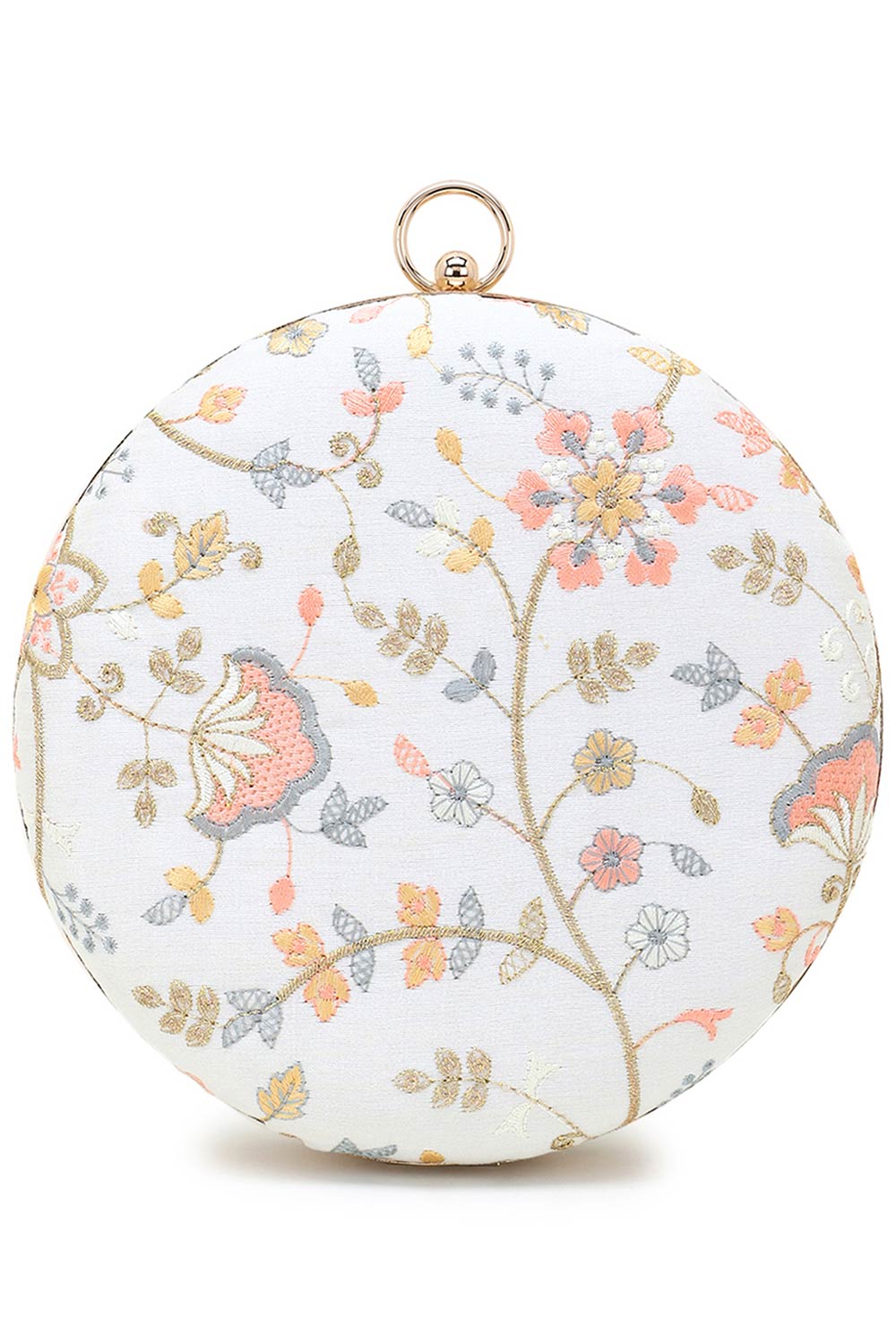 Gala Cream & Multi Faux Silk Floral Embroidered Round Clutch