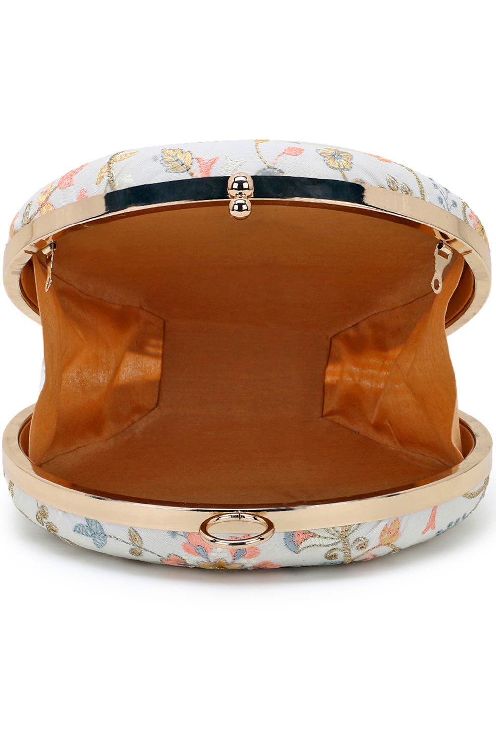 Gala Cream & Multi Faux Silk Floral Embroidered Round Clutch