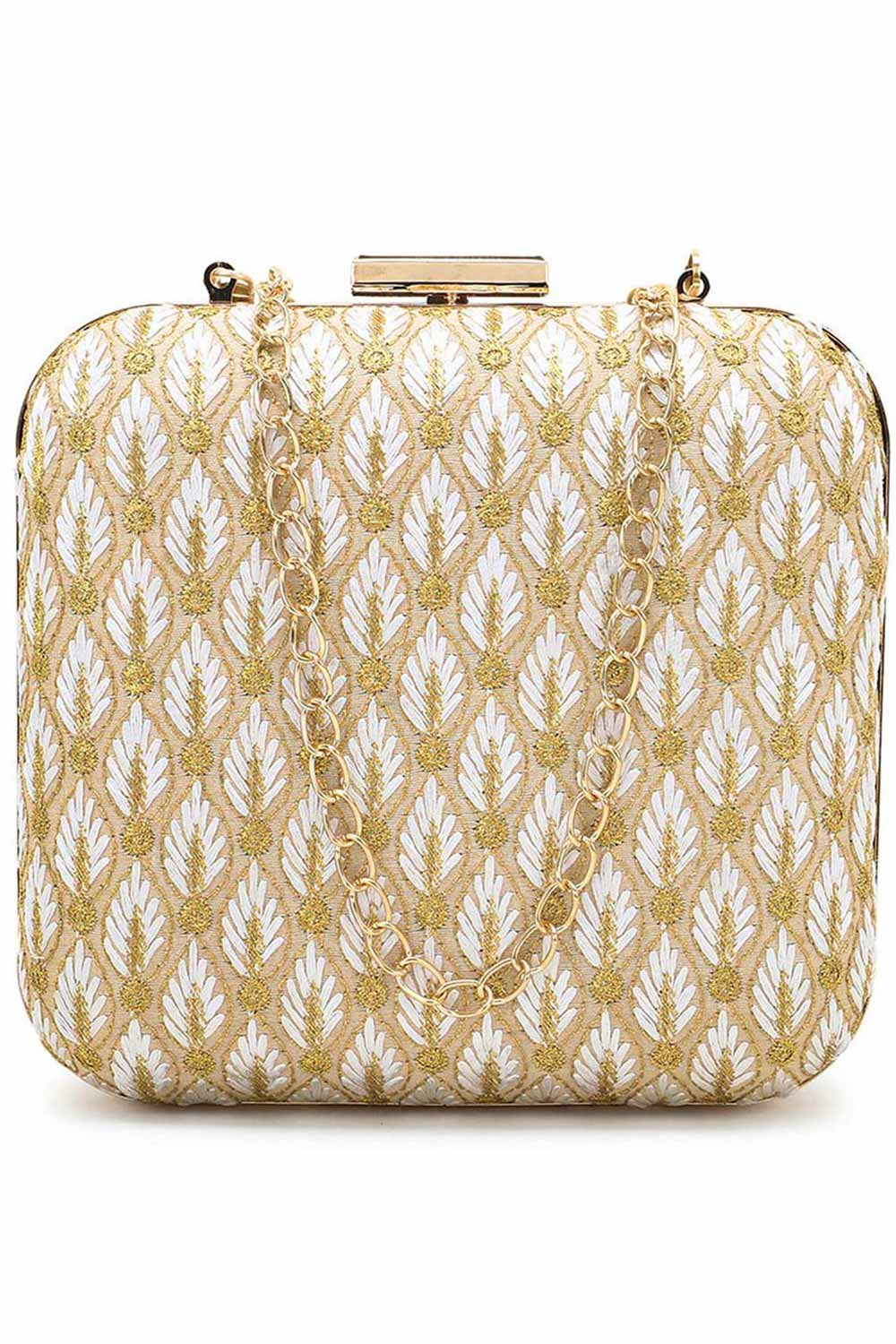 Vista White & Gold Faux Silk Zari Embroidered Square Clutch