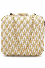 Vista White & Gold Faux Silk Zari Embroidered Square Clutch