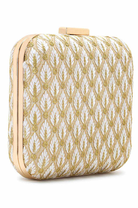 Vista White & Gold Faux Silk Zari Embroidered Square Clutch