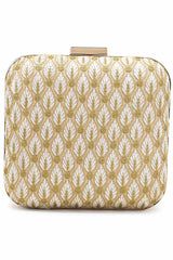 Vista White & Gold Faux Silk Zari Embroidered Square Clutch