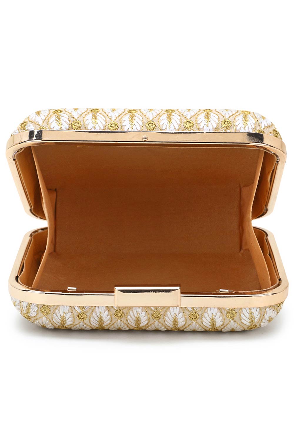 Vista White & Gold Faux Silk Zari Embroidered Square Clutch