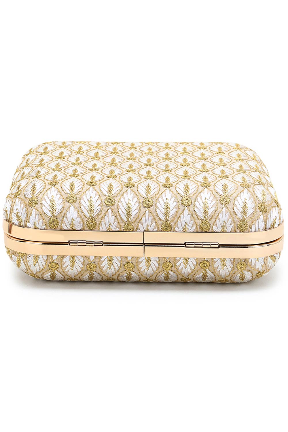 Vista White & Gold Faux Silk Zari Embroidered Square Clutch