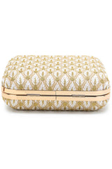 Vista White & Gold Faux Silk Zari Embroidered Square Clutch