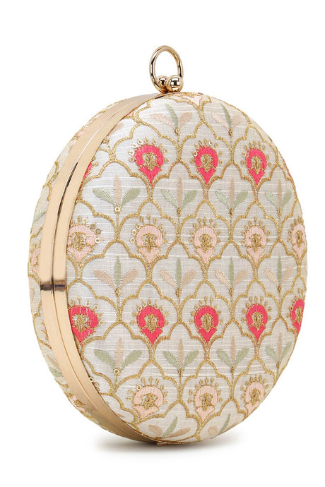 Gala Beige & Multi Faux Silk Ethnic Motifs Embroidered Round Clutch